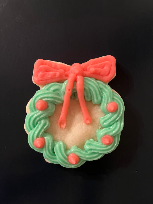 Cream Cheese Christmas cutout wreath cookies with buttercream icing.  Bakers dozen 13 cookies (2.5x2.5)